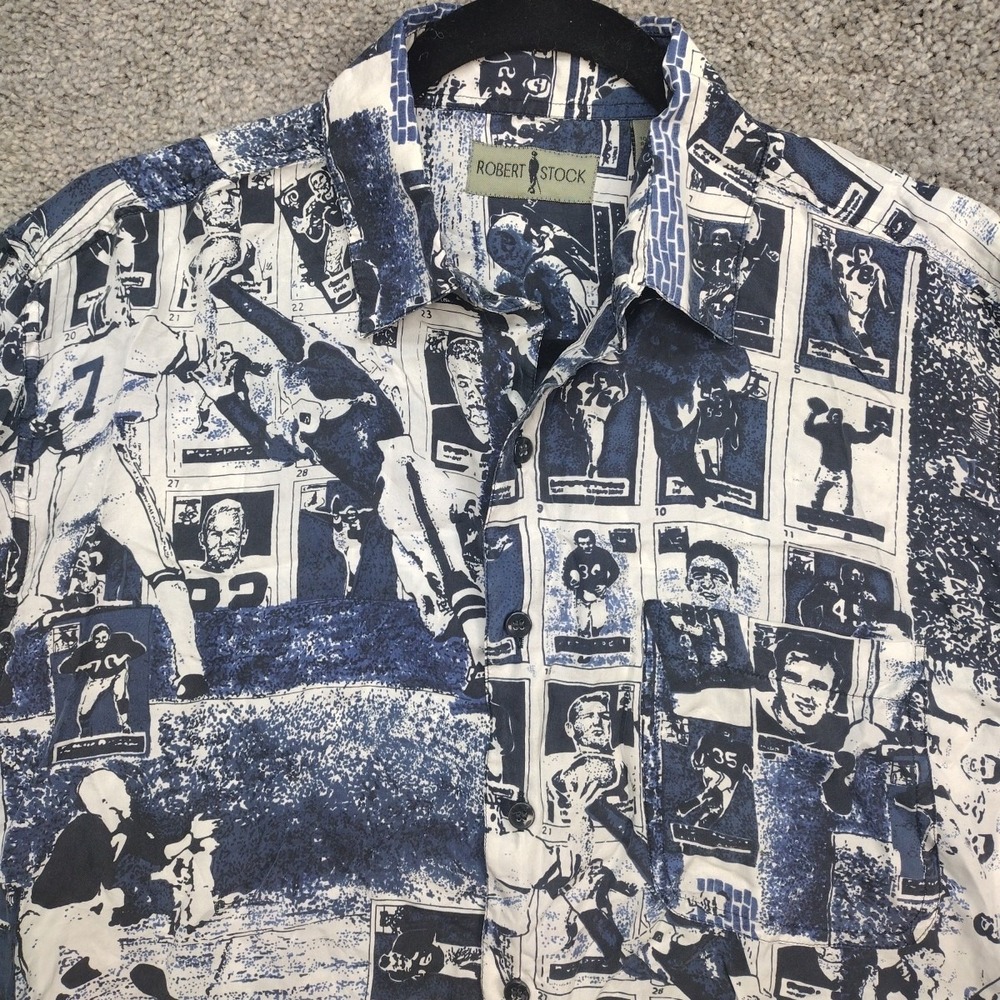 ROBERT STOCK SILK FOOTBALL PLAYER BUTTON UP Blue White All Over Print Men's LG - Picture 2 of 14